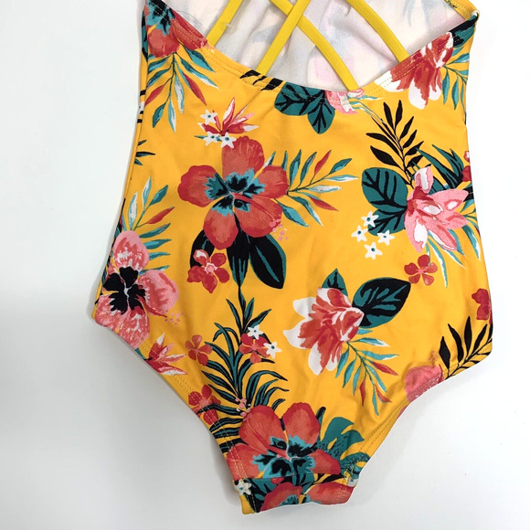 Kanu Surf Girls One Piece Swimsuit Size 6 Yellow Floral Crisscross Straps Tropic - Picture 6 of 9